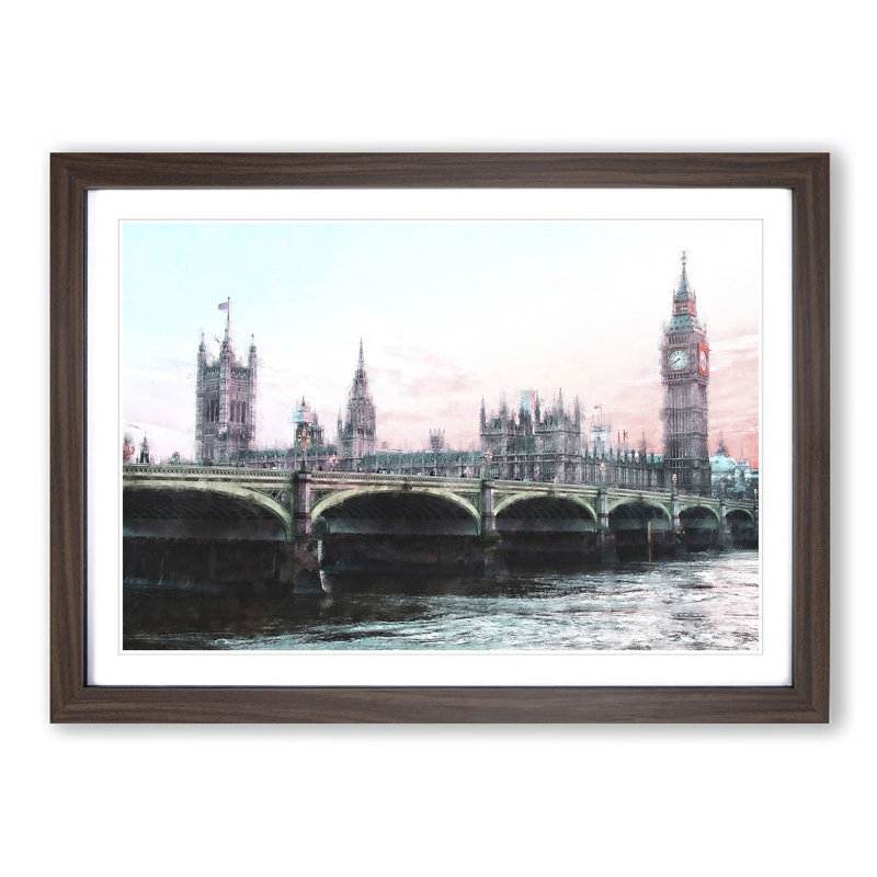 Houses of Parliament and Big Ben - Picture Frame Painting Print, 24cm H x 33cm W x 2cm D, Walnut Framed