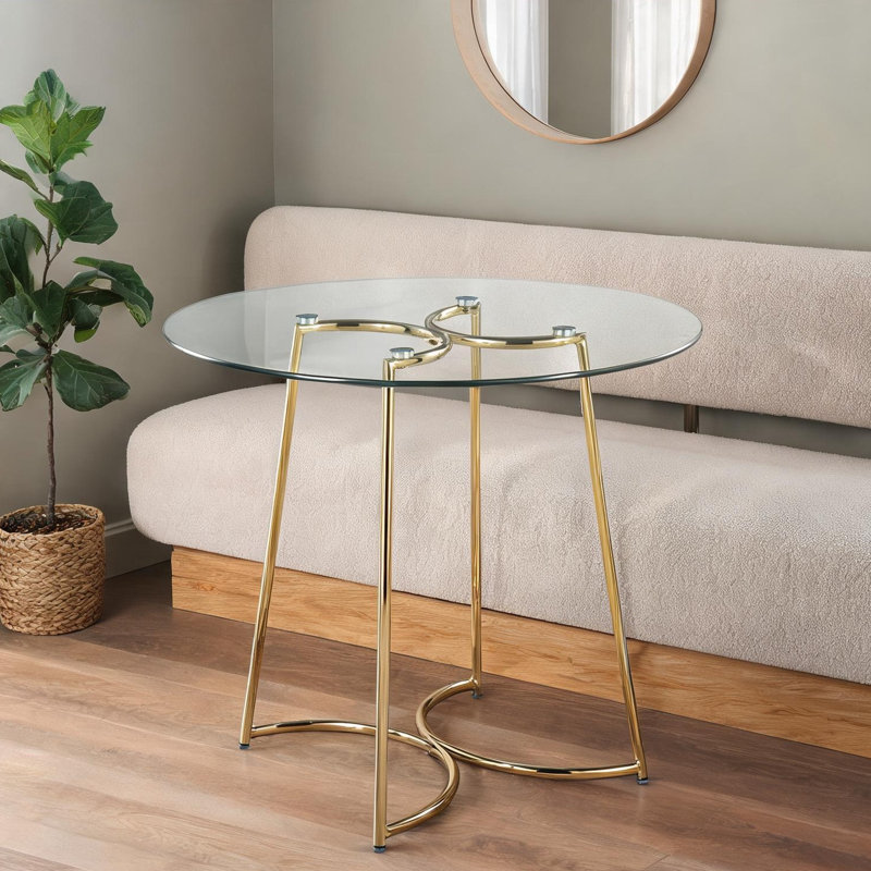 Table de salle à manger ronde en verre avec structure en acier doré, sièges 4, style contemporain, plateau transparent