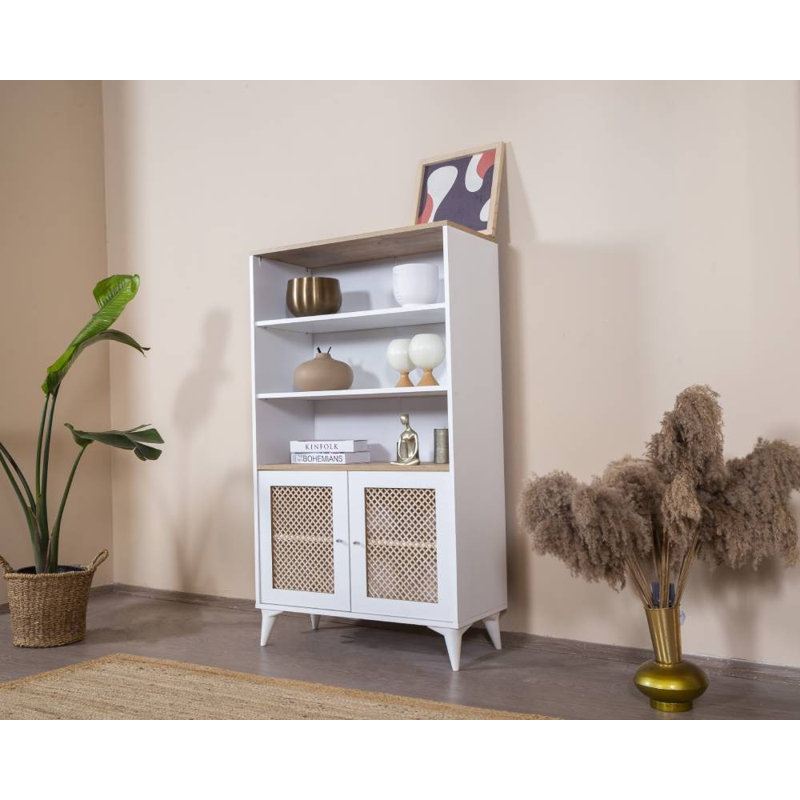 Modern Scandinavian Bookshelf with Soft-Close Doors, White & Oak, 35.4 x 62.2 x 16.1 inches | 100% MDF Body & Door Frame, 100% Pine Wood Door Decor | Wall-Mountable, Numerous Shelves for Stylish Storage