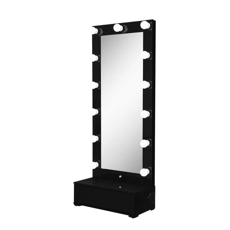 Miroir noir moderne avec haut-parleurs latéraux et tiroir commun, ampoules à DEL incluses, corps principal en verre, bois d'hévéa massif et configuration pour l'intérieur de la chambre à coucher