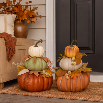 2-Pack 14"H 3-Tier Stacked Faux Pumpkin Tabletop Fall Decor, Foam Pumpkin Stack with Maple Leaves & Florals, Indoor & Covered Outdoor Halloween Thanksgiving Mantel Decor, NOT Large Porch Floor Decor