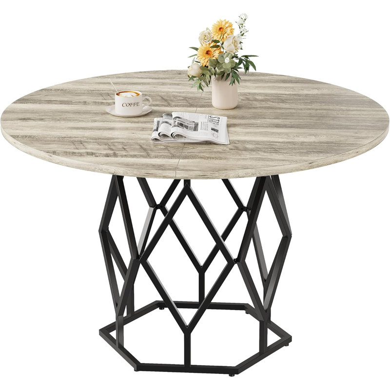 Modern Farmhouse Round Dining Table for 4-6 – 47 Inch Industrial Restaurant Table with Sturdy Metal Base – Rustic Wood Circle Design for Kitchen or Dining Room
