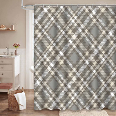 Tartan Plaid Checkered Fabric Taupe Grey Shower Curtain with 12 Hooks