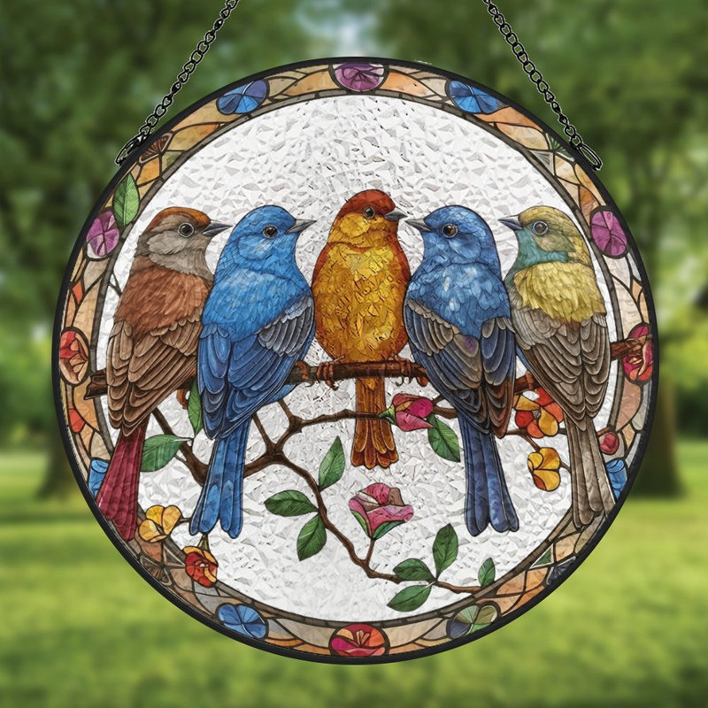 Vitrail oiseaux perché vitrail pour fenêtre, 6.3x6.3in(16x16cm)