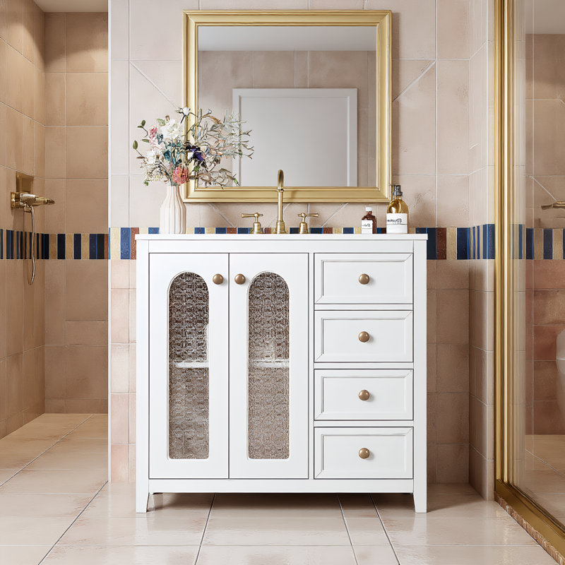 Meuble-lavabo de 36 po de largeur avec lavabo en céramique et deux portes à fermeture douce, meuble-lavabo moderne avec tablettes réglables et 3 tiroirs pour la salle de bain