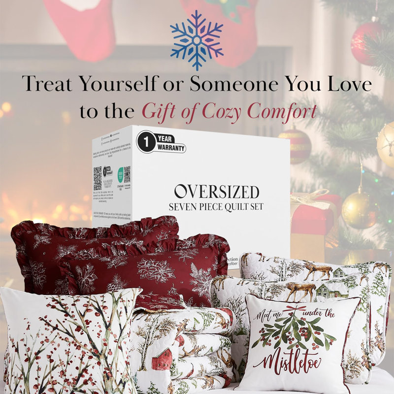 Ensemble de literie réversible Southshore Fine Linens White Christmas, 5 pièces comprenant 1 courtepointe, 1 taie d'oreiller standard, 1 taie d'oreiller carrée, 1 coussin décoratif et 1 housse de coussin, pour lit simple/simple XL.