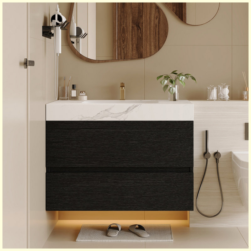 Meuble-lavabo flottant mural moderne 30 po avec comptoir en faux marbre et lavabo encastré en céramique