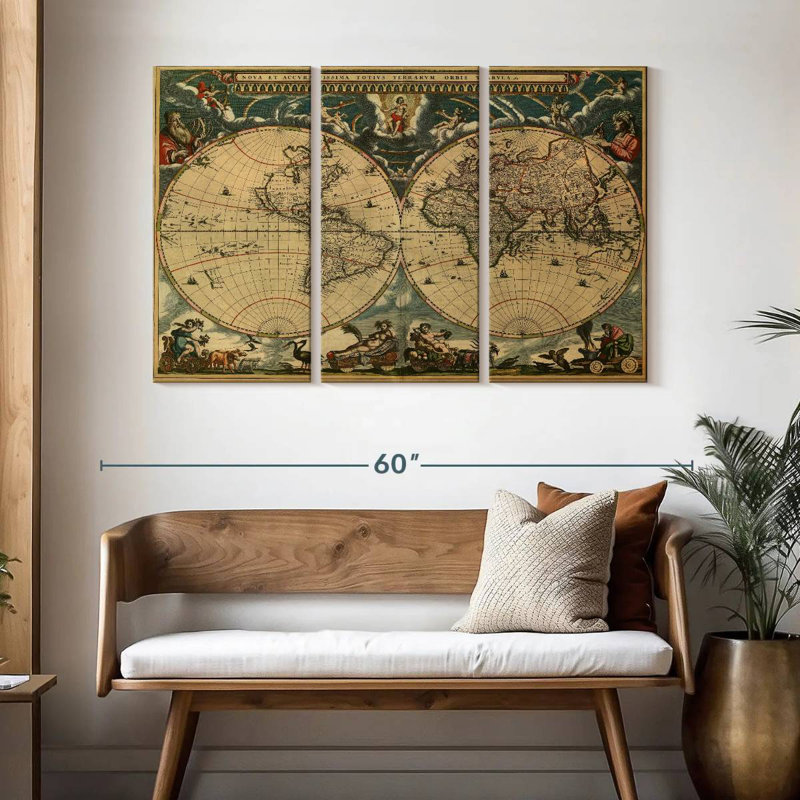 Carte du monde Aliaz des années 1600, H 32 po x l 50 po