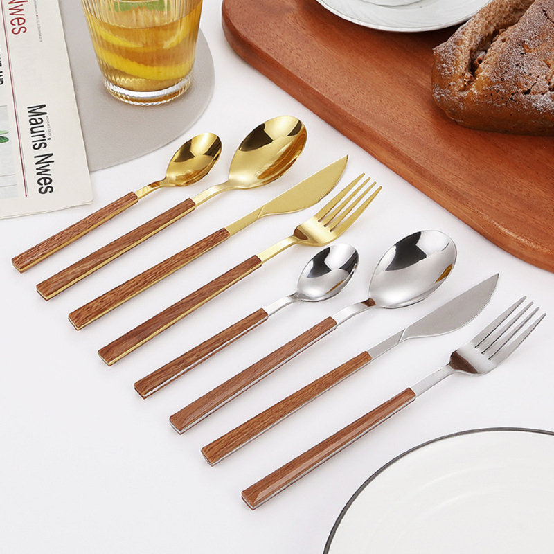 Ensemble 24 pièces de vaisselle avec poignée en imitation bois, fourchette à couteaux cuillère à couteau, ensemble de couverts en acier inoxydable