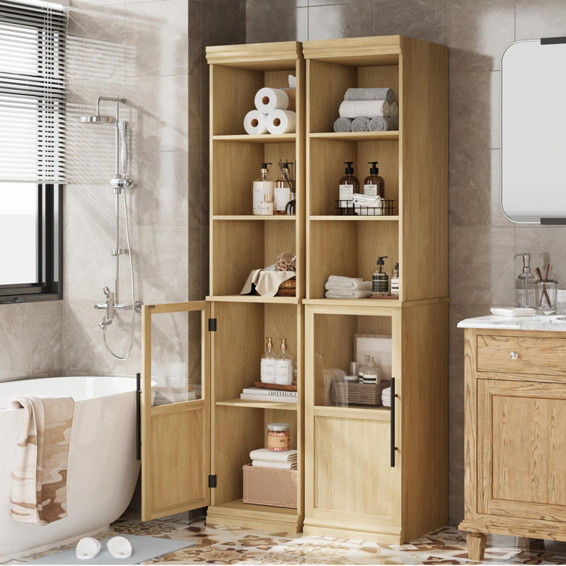 70" Tall Bathroom Storage Cabinet, Slim Freestanding Cabinet with Glass Door, Open Shelves and Adjustable Shelf, Natural