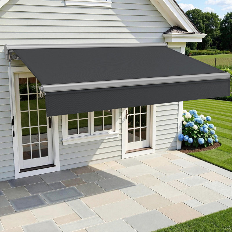 Auvent de patio rétractable avec cantonnière, structure en aluminium, polyester, 8 pi x 7 pi, Gris foncé