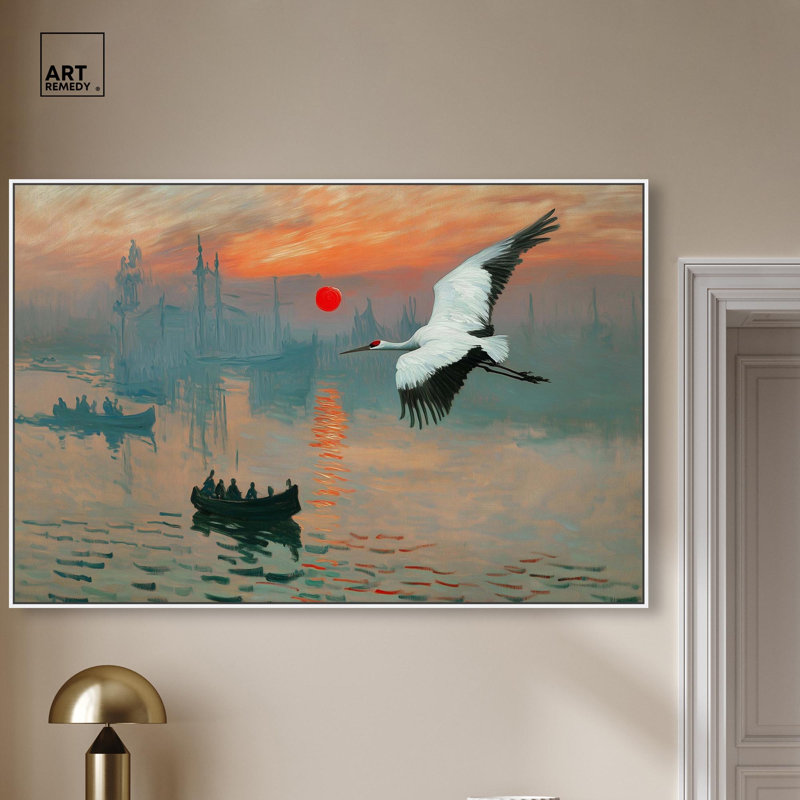 «Crane Sunset», toile par Pet Remedy, H 37 po x l 55 po, Cadre flottant blanc