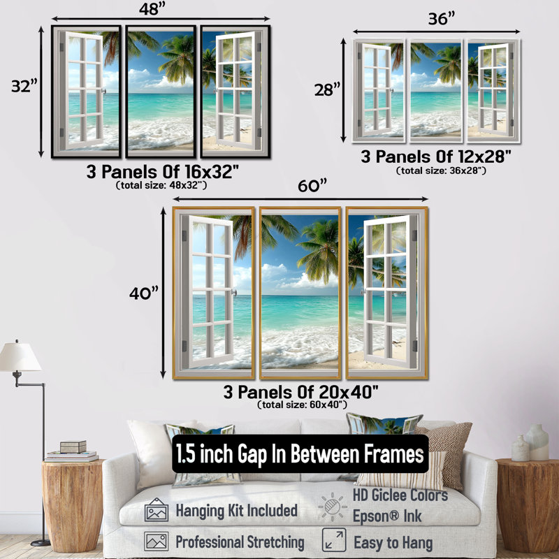 Fenêtre ouverte vue sur la plage au Mexique - ensemble d'art mural fenêtres côtières, H 40 po x l 60 po, Blanc