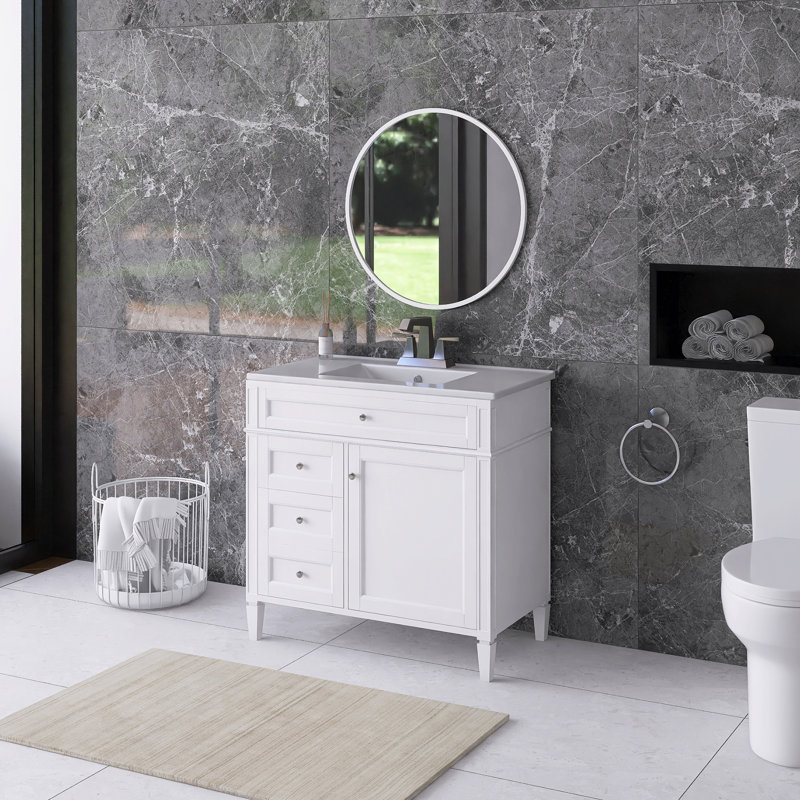 36'' Freestanding Single Sink Bathroom Vanity with Ceramic Top, White