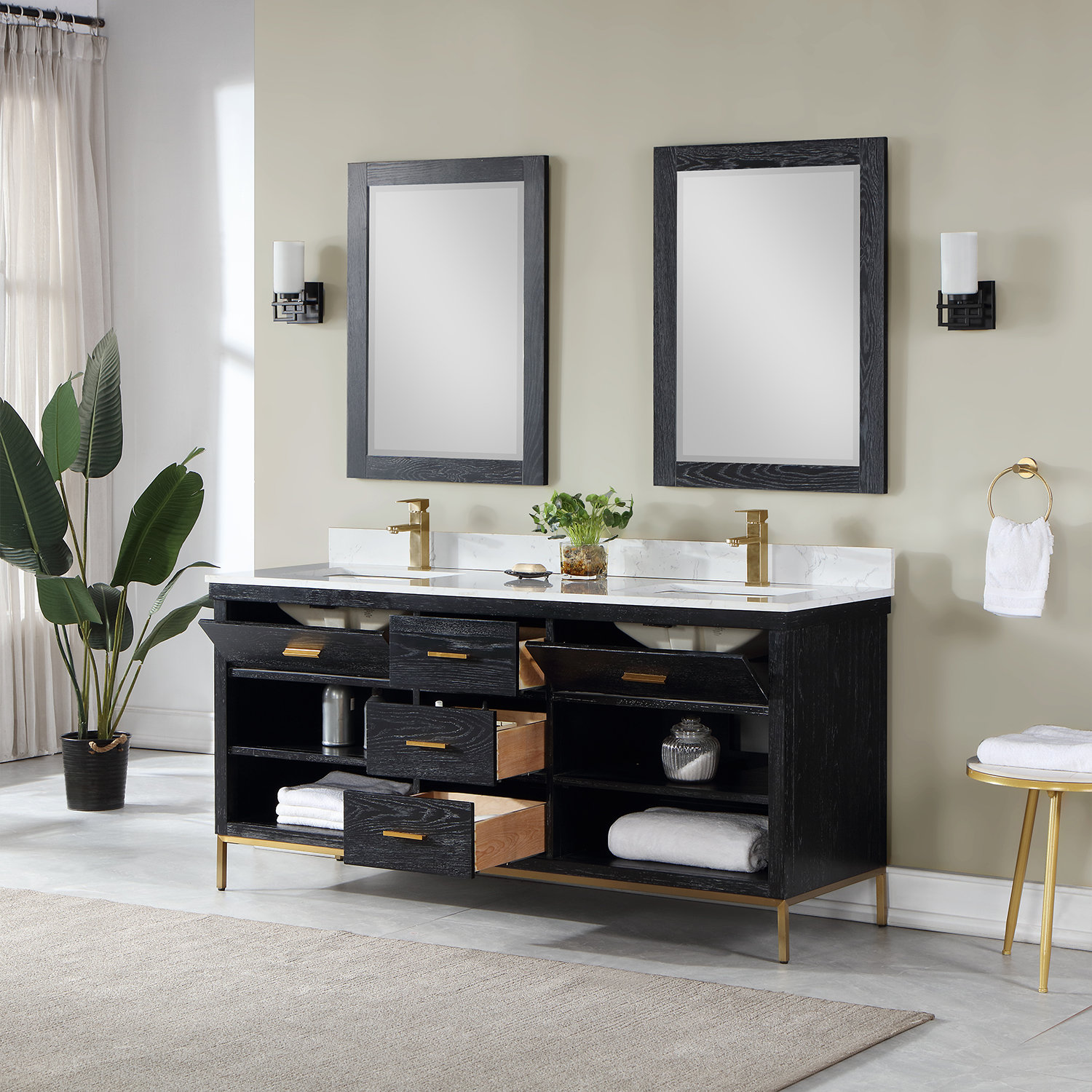 Kesia 72'' Double Bathroom Vanity, Black, Gold