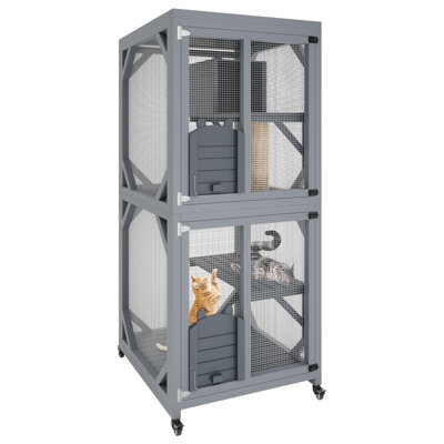 Parc pour chat 68 po à 3 niveaux avec roulettes, plateau amovible et toit résistant aux intempéries - Catio intérieur / extérieur spacieux pour 1 à 3 chats