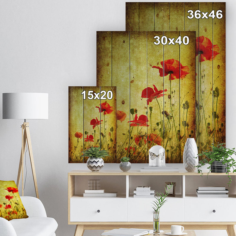Fleurs de coquelicot sur fond grunge-impression d’art graphique, H 46 po x l 36 po x P 1,5 po, Bois