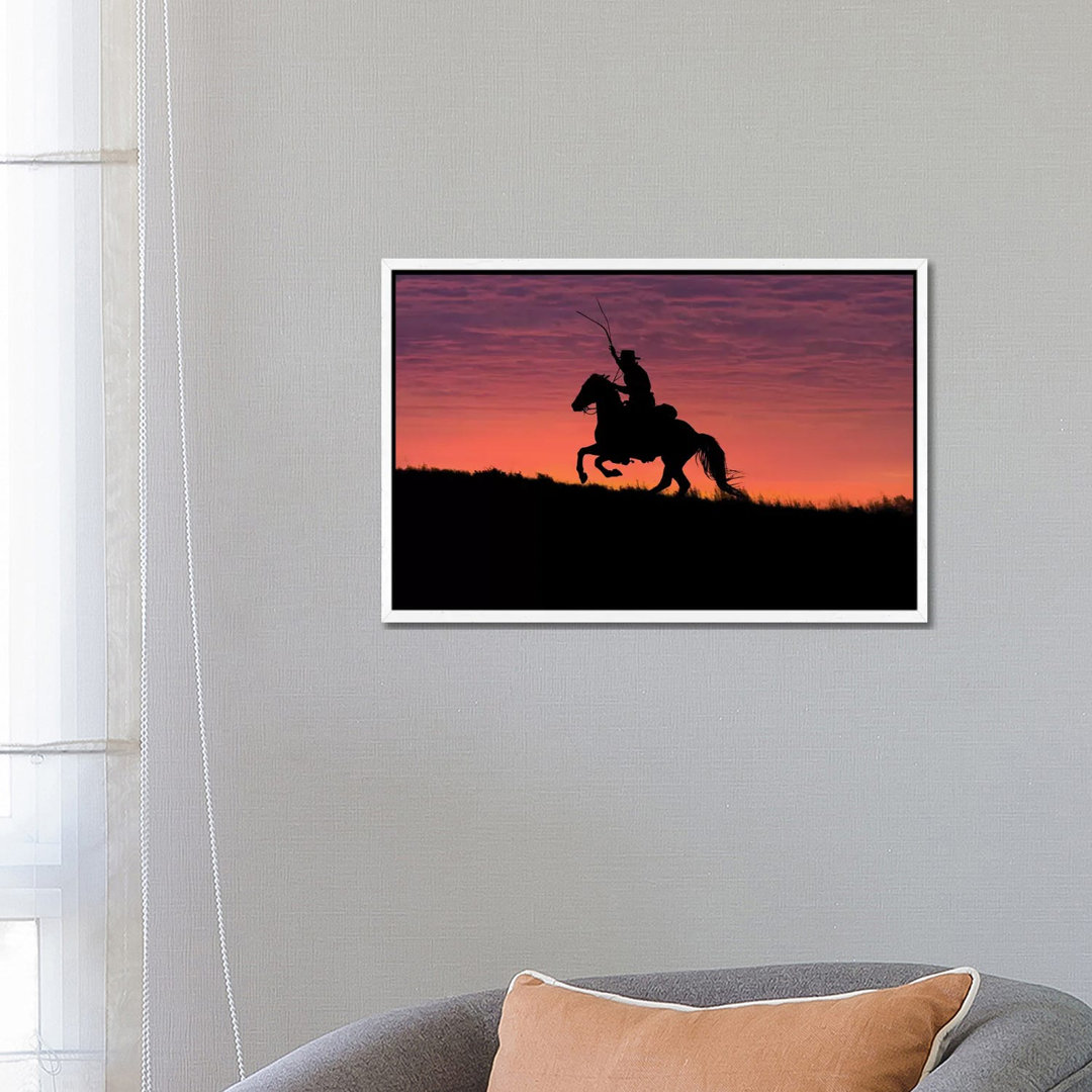 USA, Wyoming, Shell, The Hideout Ranch, Silhouette Of Cowboy And Horse At Sunset by Hollice Looney - Gallery-Wrapped Can...