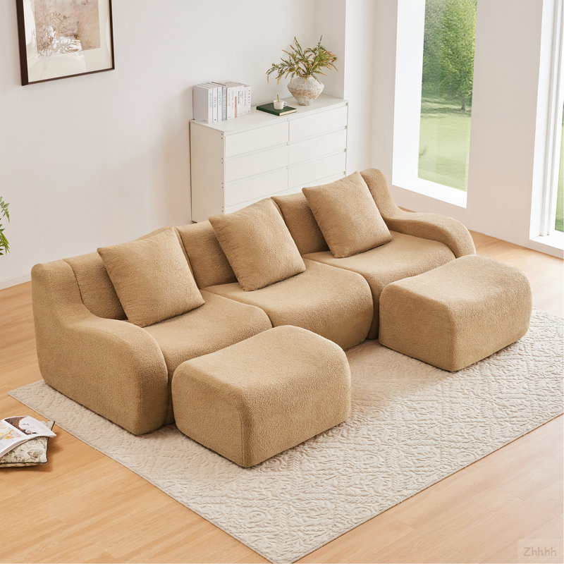 Canapé désossé en forme de U avec tissu en peluche doux, méridienne d'assemblage, aucun accoudoir incurvé requis, conception épurée antidérapante 32D, épurée, s'adapte aux salons de lecture, brun clair