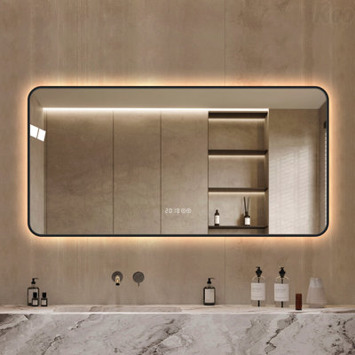 Aluminum Alloy Frame High-Definition Tempered Glass Accent Mirror - Rounded Corners, Temperature Display, 3-Color Light, Defogging