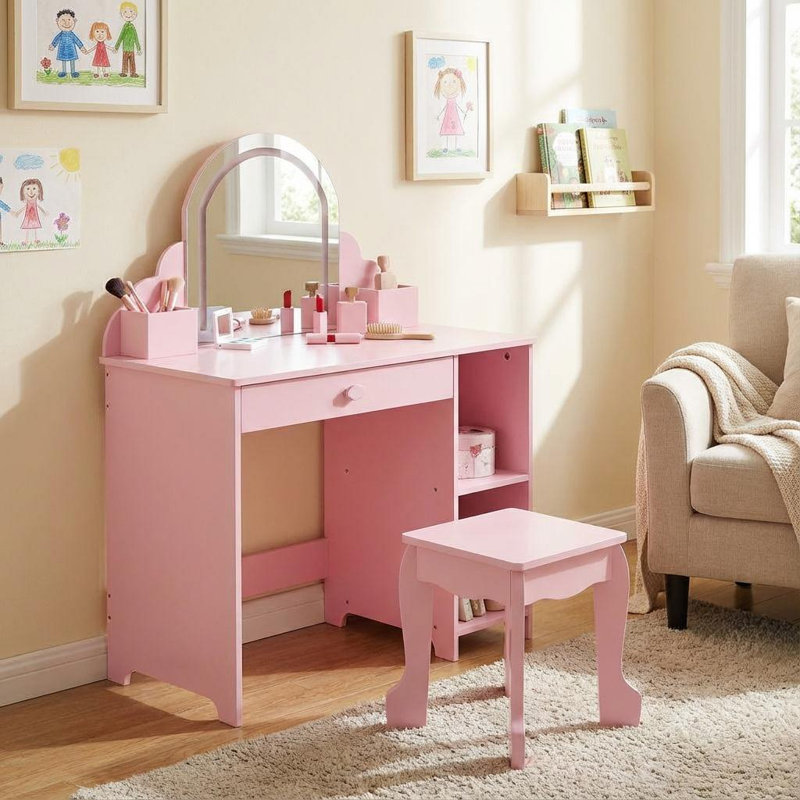 Kids Vanity Table and Chair Set, Girls Dressing Table with Storage Shelves & Drawer, Children Study Desk with Storage Grids