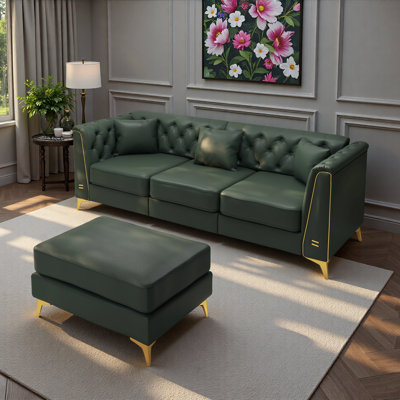 81.5" Light Luxury 3-Seater Modular Chesterfield Sofa, Faux Leather Couch with Handmade Button Tufted, Metal Trim Armrests & Thin Metal Legs, Includes 3 Pillows for Living Room, Apartment