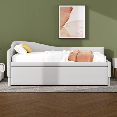 Twin Size L-Shaped Daybed With Pop Up Trundle, Linen Upholstered Day Bed Frame With Wood Slats, Twin To King Design