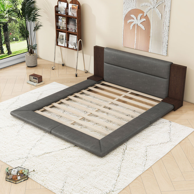 Wood Platform Bed with Extended Upholstered Headboard and Slats, Queen