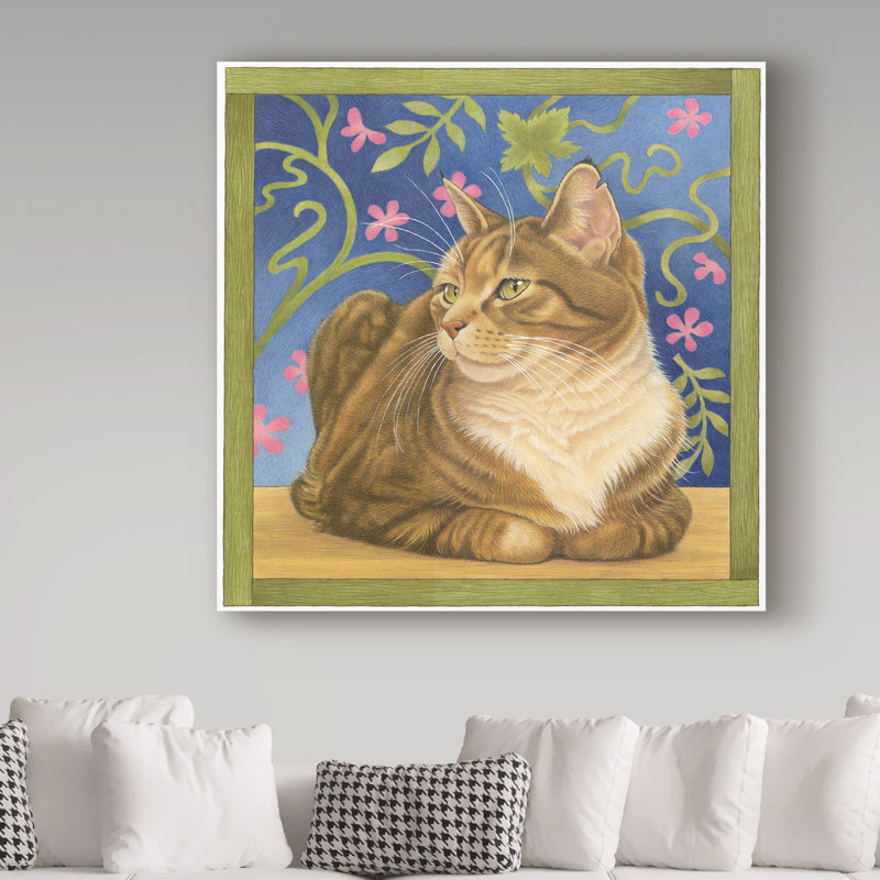 «Cat Over Pink Flowers» par Furtado, reproduction d'art sur toile tendue, H 18 po x l 18 po x P 2 po