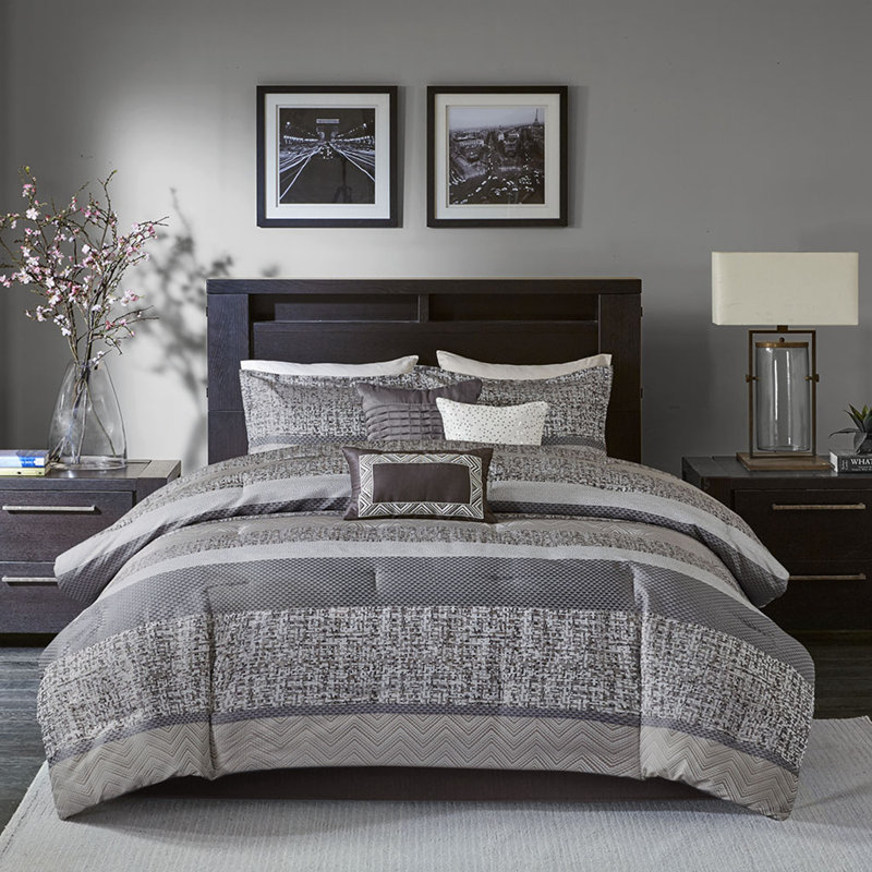 Ensemble d'édredon en jacquard 7 pièces Rhapsody, Édredon très grand californien + 6 pièces, Gris