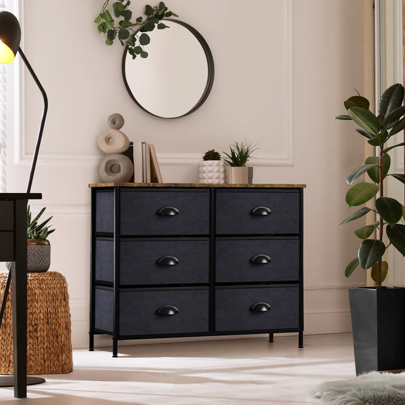  Commode 6 tiroirs Sorbus avec structure en acier, plateau en bois, bacs en tissu noir et plateau en bois