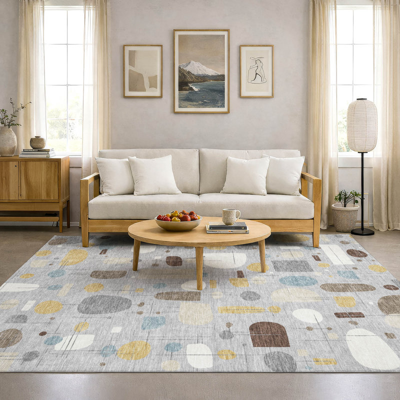 Premium Machine Washable Mayfield AMF2393 Geometric Rug, Silver, 5' x 7'6"