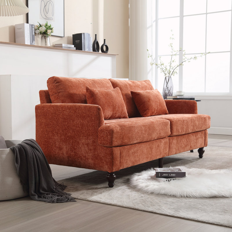 Canapé en chenille de style Mid-Century, Chenille orange foncé