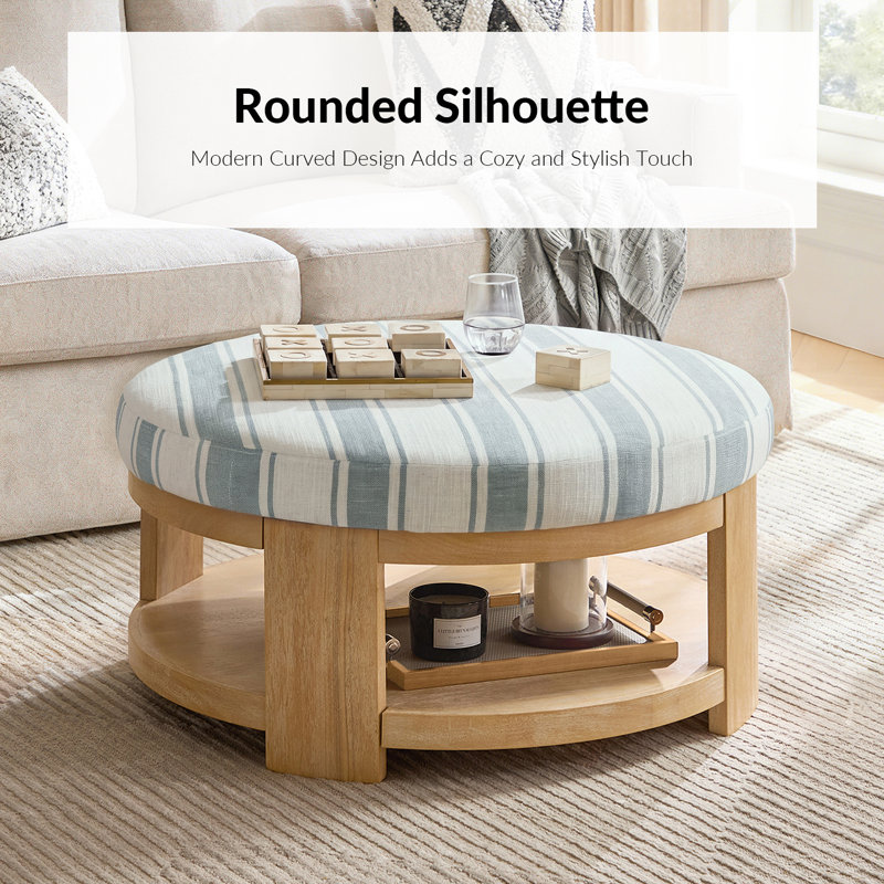 Kat Modern 40" Round Cocktail Ottoman with Solid Wood Legs, Strip