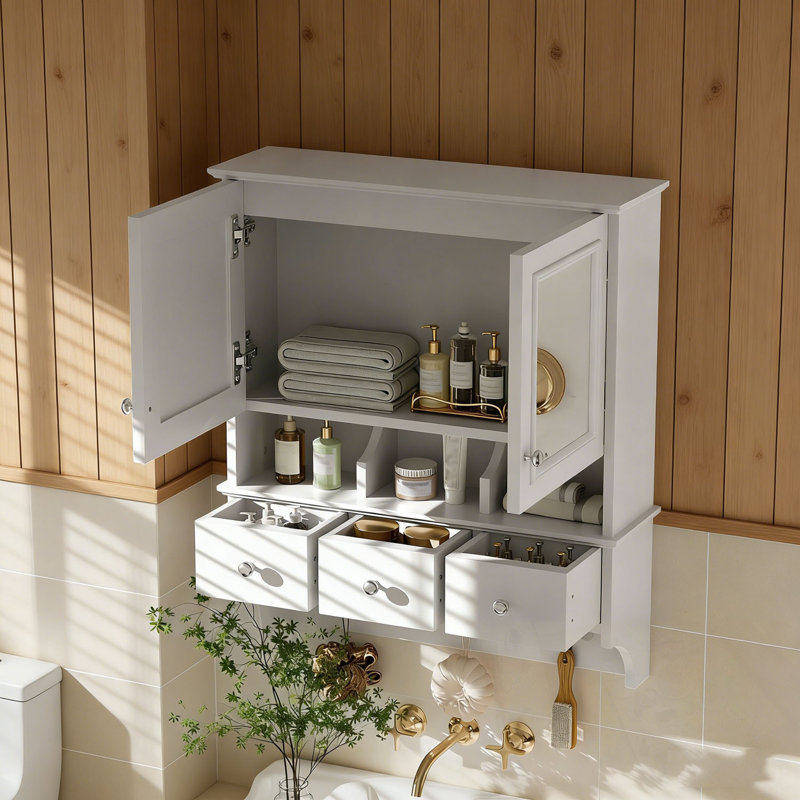 Armoire de rangement murale à miroir avec tablette ouverte et 3 tiroirs, Blanc