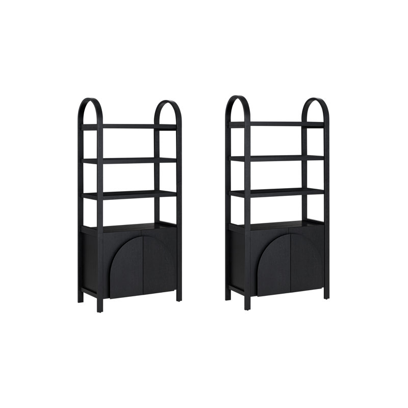 3 Tier Arched Bookshelf With Cabinet Base And Solid Wood Frame (2-Piece Set), Black Oak