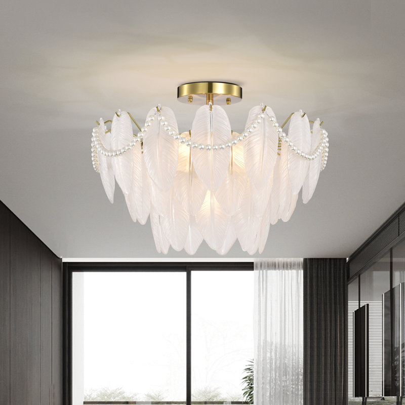 Jamaile  7-Light Brushed Shiny Brass Glass Feather-shaped Flush Mount