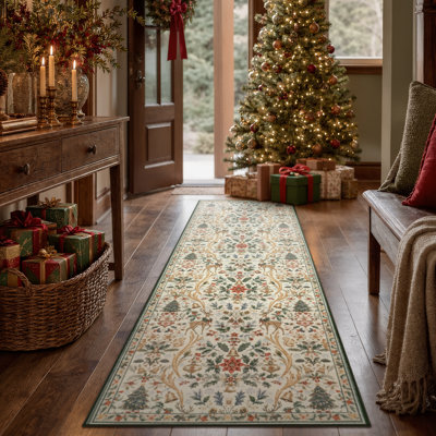  Tapis lavable rétro de Noël avec cerf Woodland, tapis décoratif à poils courts pour la cuisine du salon, de l'entrée et du salon
