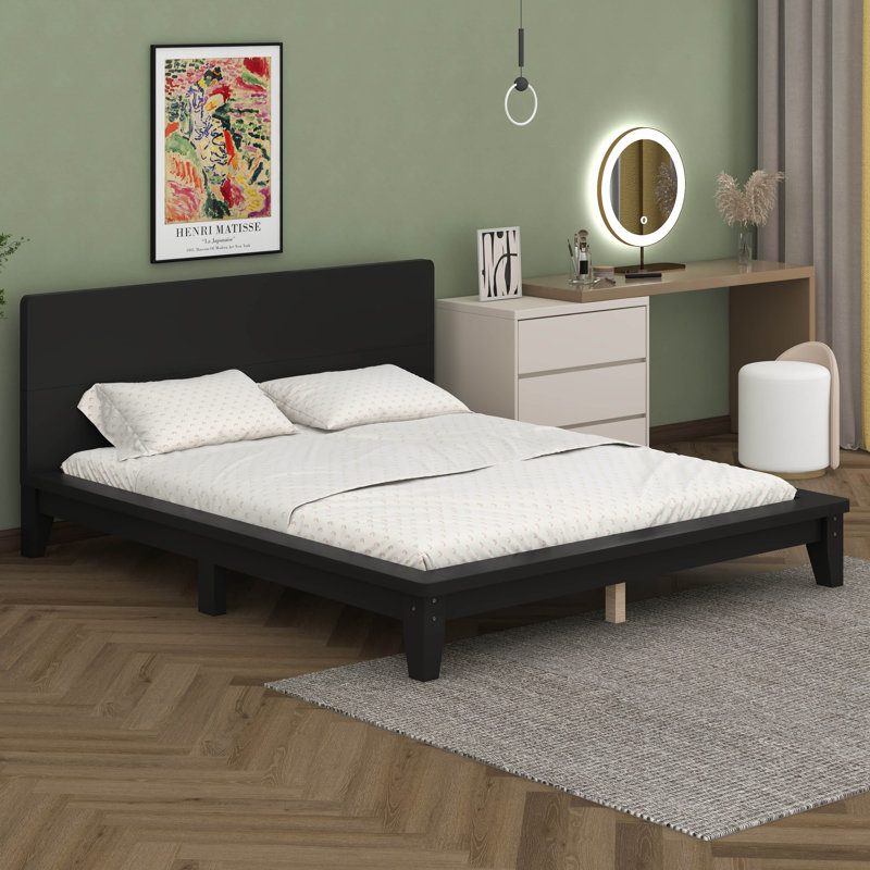 Wood Bed Frame With Solid Headboard, Black, Queen