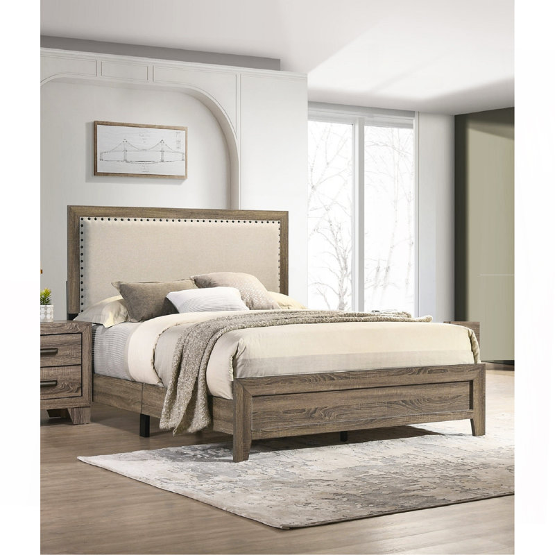 Mobilier de chambre à coucher en bois avec tête de lit capitonnée, Gris, Très grand lit