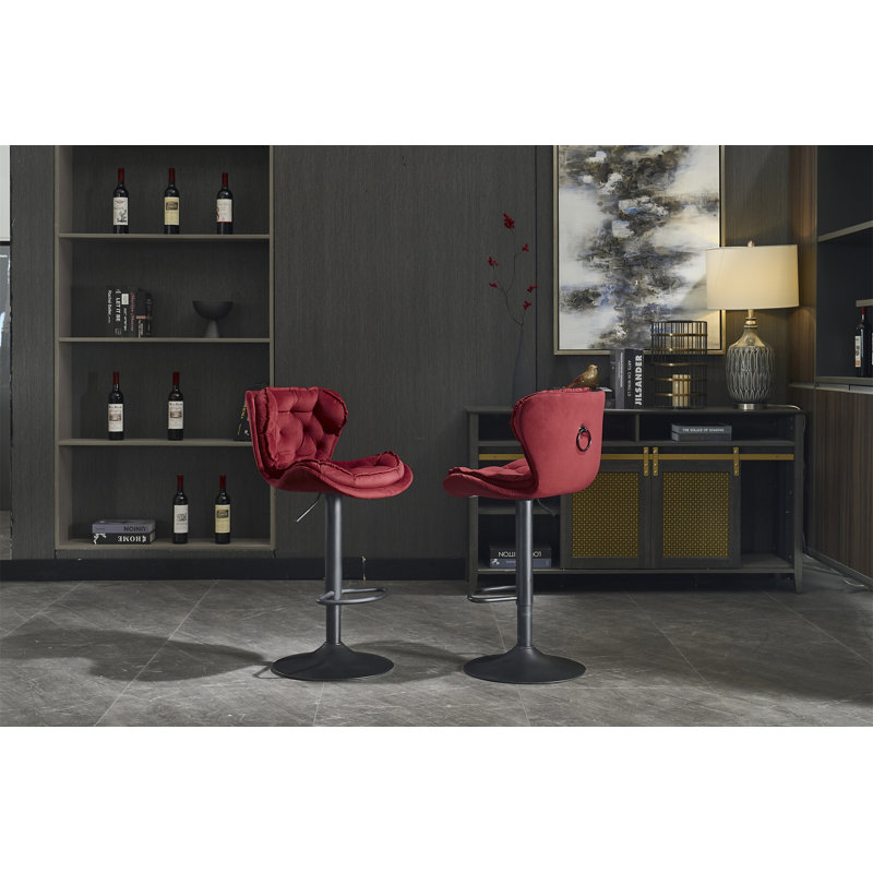 Set Of 2 Bar Stools With Powder Footrest And Base Swivel Height Adjustable Mechanical Lifting Velvet + Powder Leg Simple Bar Stool-Red Only Chairs, Not Including Tables