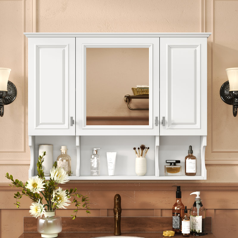 Armoire à pharmacie murale moderne avec miroir et tablettes ouvertes, parfaite pour le rangement organisé et la conception élégante.