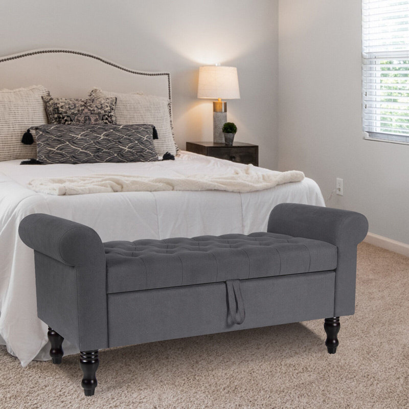 Gray Upholstered Storage Bench with Rolled Arms and Solid Wood Legs