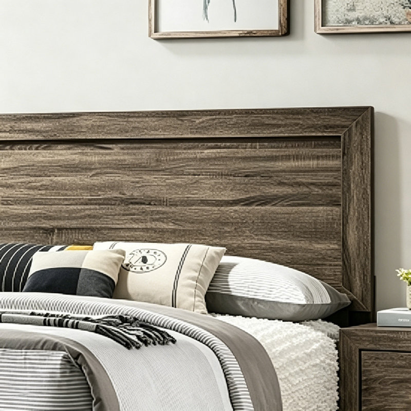 Magnifique meuble de chambre à coucher en bois de style contemporain avec lit à panneaux gris en tissu de 1 pièce, Grand lit
