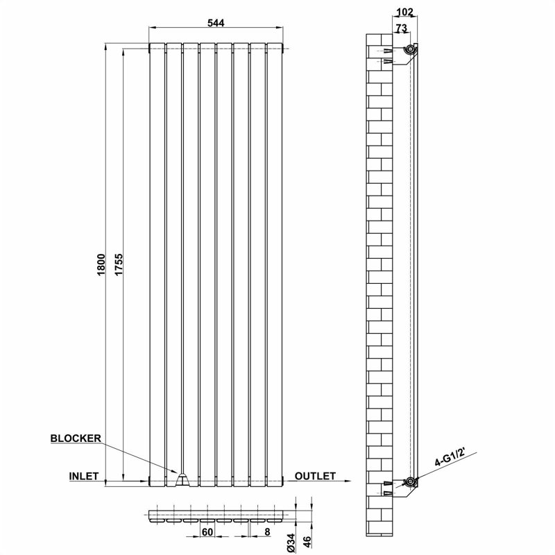 Flat Panel Central Heating Designer Radiator, Anthracite, 180cm H x 54.4cm W x 4.6cm D