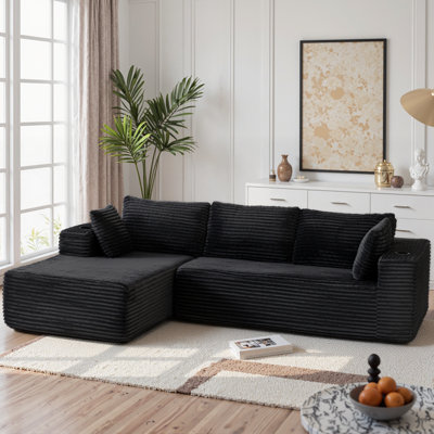 Canapé inclinable de 105 po en L avec accoudoirs larges et porte-gobelet, tissu en velours côtelé, salon modulaire multi-scène