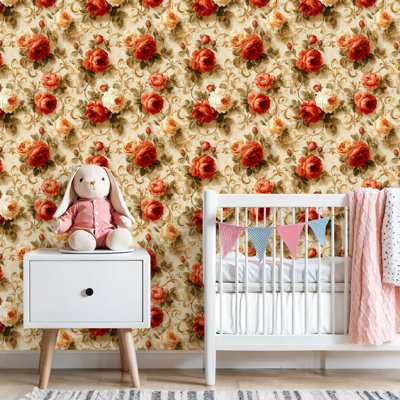 Peel and Stick Wallpaper Vintage Floral Red Cream Roses Beige Contact Paper Removable Self Adhesive Wall Mural Wall Decor for Bedroom Kitchen Cabinets 24in x 118in