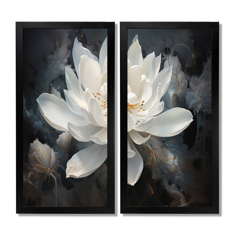 Serenity Blossum Lotus - lot de 2 décorations murales encadrées Lotus, H 36 po x l 48 po, Reproduction encadrée, Noir