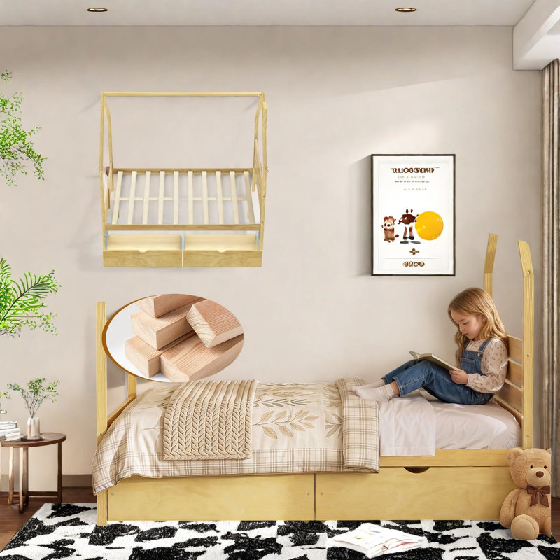 Lits de rangement, structure de maison entièrement en bois et MDF, maison d'enfants Montessori moderne, Brun