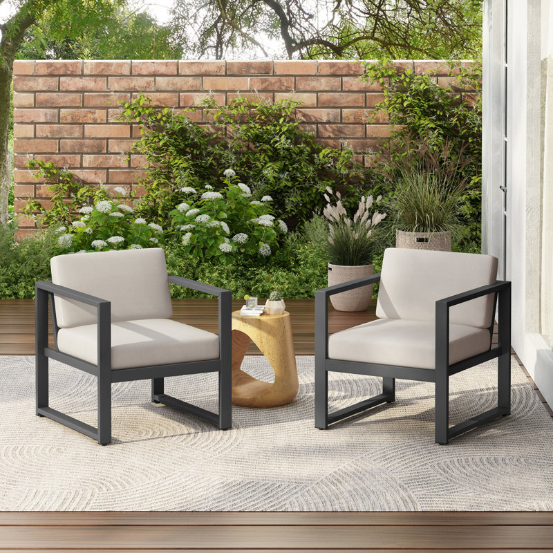 Navan Outdoor Patio Club Chair Set of 2, Black Frame with Beige Cushion, Beige